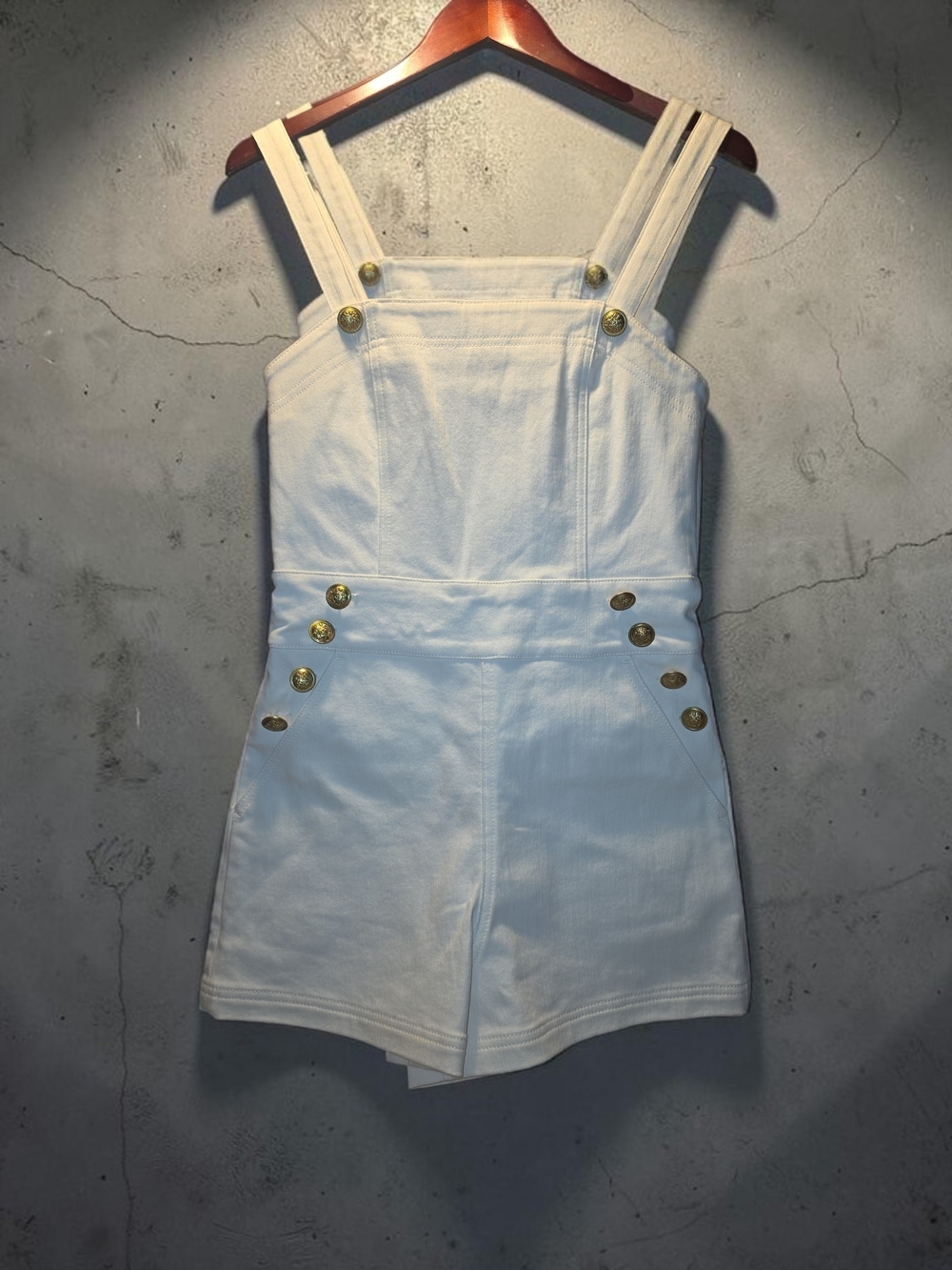 Alice + Olivia White Cotton Short Overalls Romper with Gold Buttons